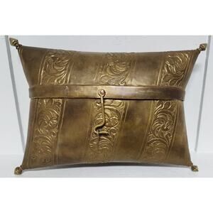 Vintage Brass Pillow Purse w/ Engraved Panels & Purple Velvet Lining